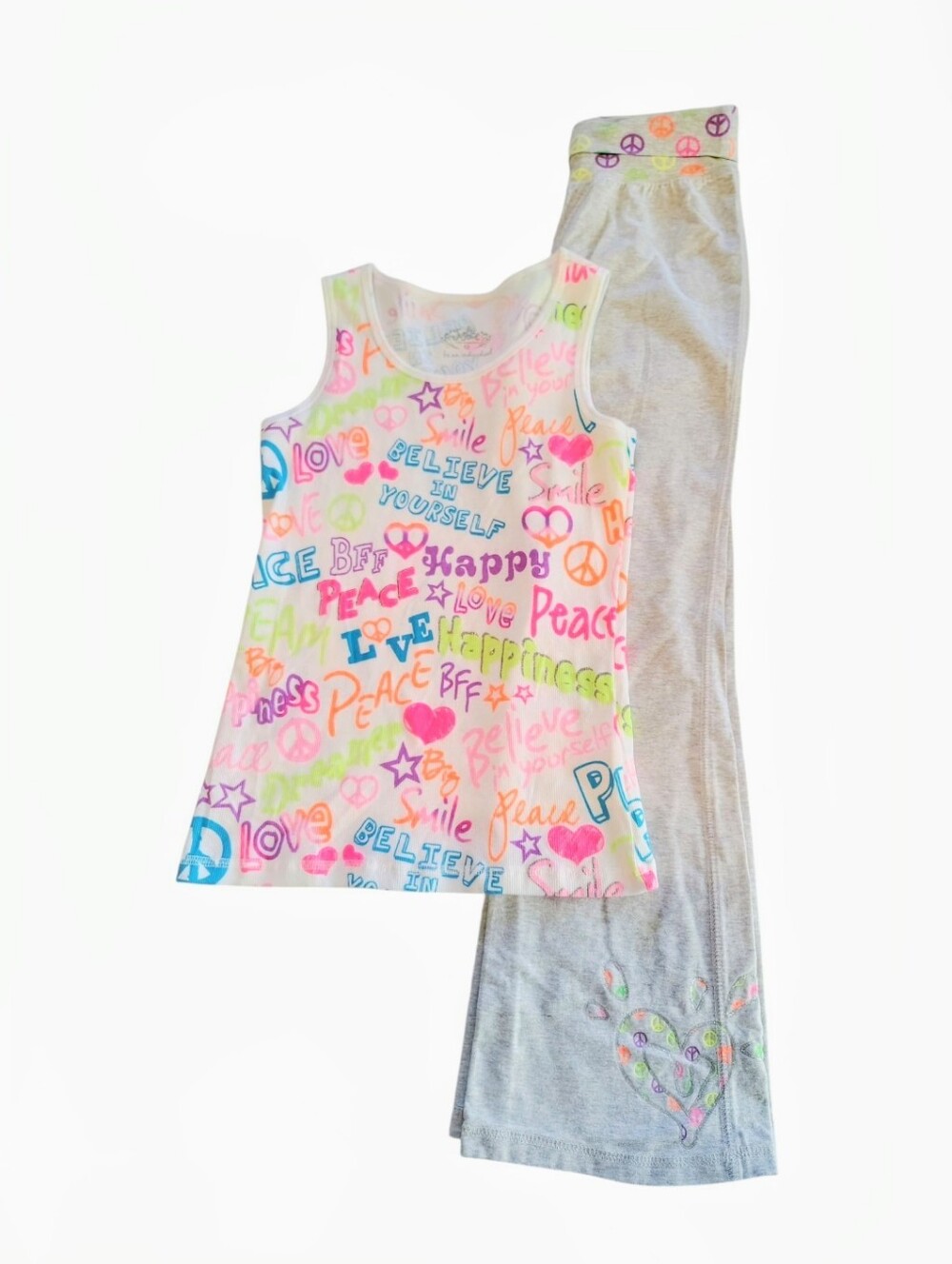 Nwot Justice Peace Love Gray Neon Color Silver Glitter Tank Pants Set Size 12